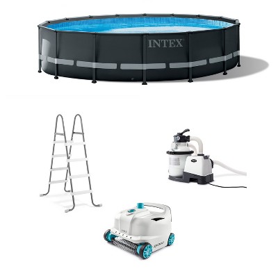 Intex Round Above Ground Swimming Pool Set - Bundle with 700 GPH Pump, Ladder, & Pool Cleaner Robot Vacuum,  Ultra XTR, 16ft x 48in
