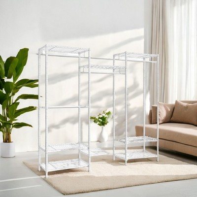 Portable Freestanding Wardrobe Closet, Heavy Duty Clothes Rack Organizer Closet Storage with Hanging Rods and Hooks