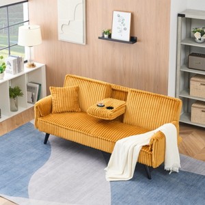 Okak Minimalist Sofa Couches for Living Room Convertible Loveseat Sofa Bed Straight-line Corduroy with Adjustable Backrest & Cup Holder, Orange - 1 of 4