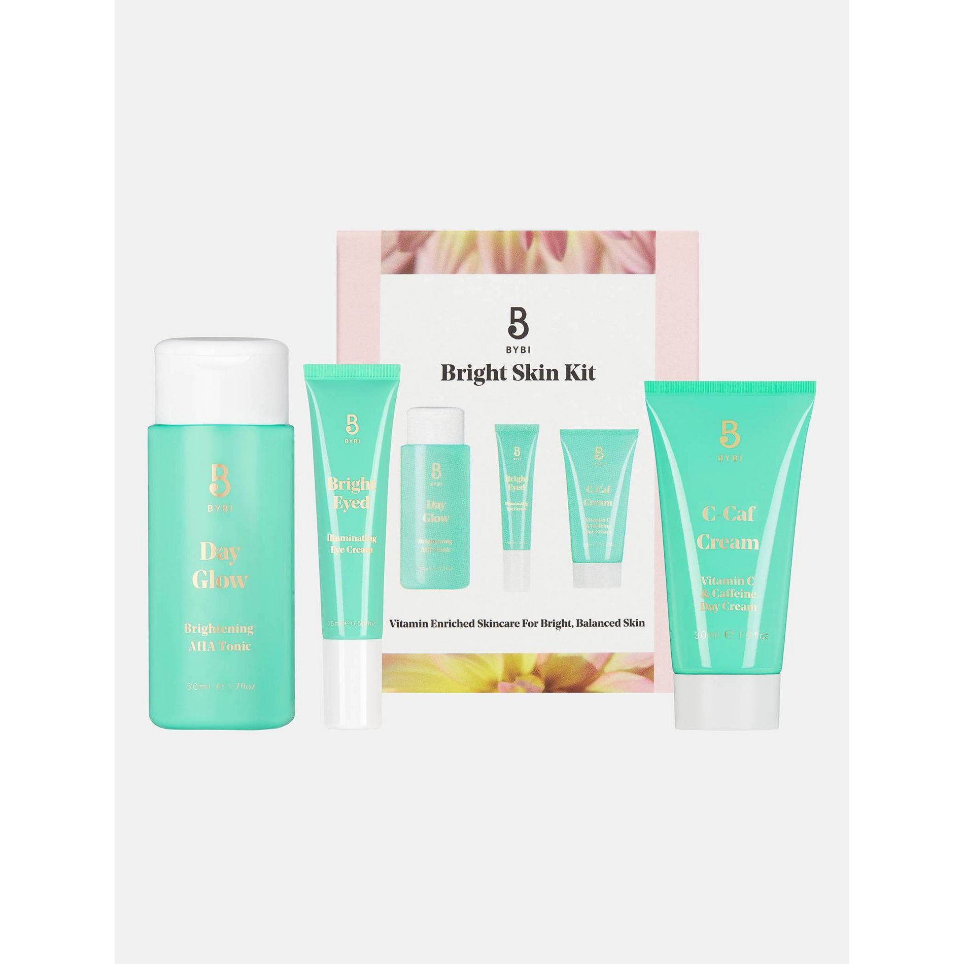 BYBI Clean Beauty Brightening Skincare Set with Eye Cream, Facial Tonic and Face Moisturizer - 3pc/3.7 fl oz