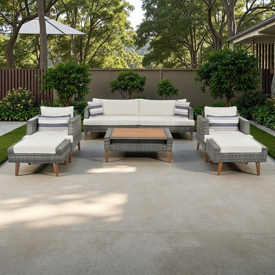 6-Pieces Outdoor PE Rattan Conversation Sofa Set with Coffee Table and 2 Ottoman
