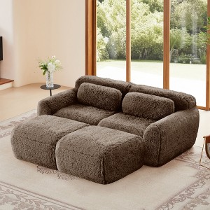 80.3 inch Light Khaki Plush Fabric Sectional Sofa with Throw Pillows and 2 Ottomans 32D High Density Sponge - 1 of 4