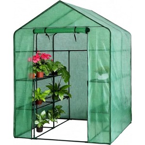 Walk-in Greenhouse with 12 Shelves, Heavy Duty Steel Frame & Thick PE Cover, 56" x 56" x 77" Portable Outdoor Plant House for Balcony & Patio - 1 of 4