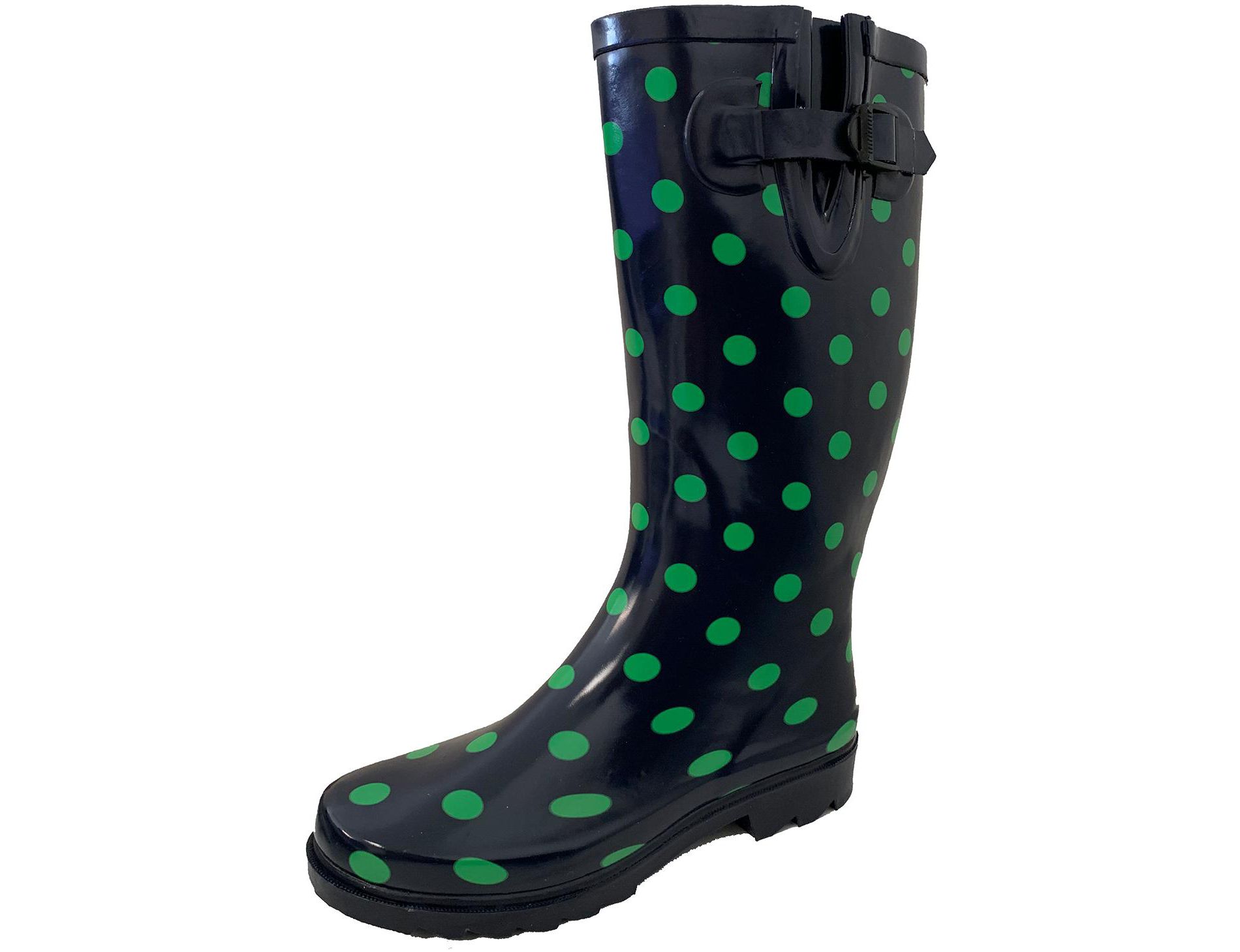 Women's Rain Boots Black/Green Dots Rubber Mid Calf Snow Rainboot