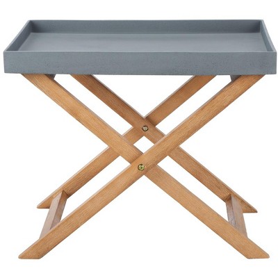 Terance Natural Acacia Wood Outdoor Side Table with Gray Tray