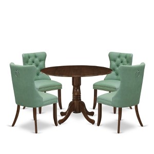 East West Furniture, 5 Piece Dining Table Set Consists of a Round Kitchen Table with Dropleaf and 4 Upholstered Parson Chairs, Antique Walnut - 1 of 4