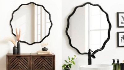 Walnut Brown 30" Round Scalloped Wood Vanity Mirror