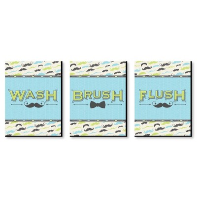 Big Dot of Happiness Dashing Little Man - Mustache Kids Bathroom Rules Wall Art - 7.5 x 10 inches - Set of 3 Signs - Wash, Brush, Flush