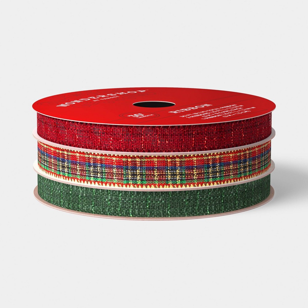 30' Christmas Fabric Ribbon Red/Green/Plaid Multipack - Wondershop™