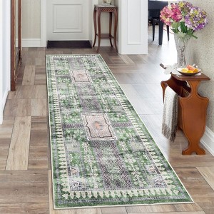 Vintage Machine Washable Oriental Design Carpet with Non Slip Backing Distressed Stain Resistant Soft Low Pile Floor Cover for Living Room Bedroom - 1 of 4