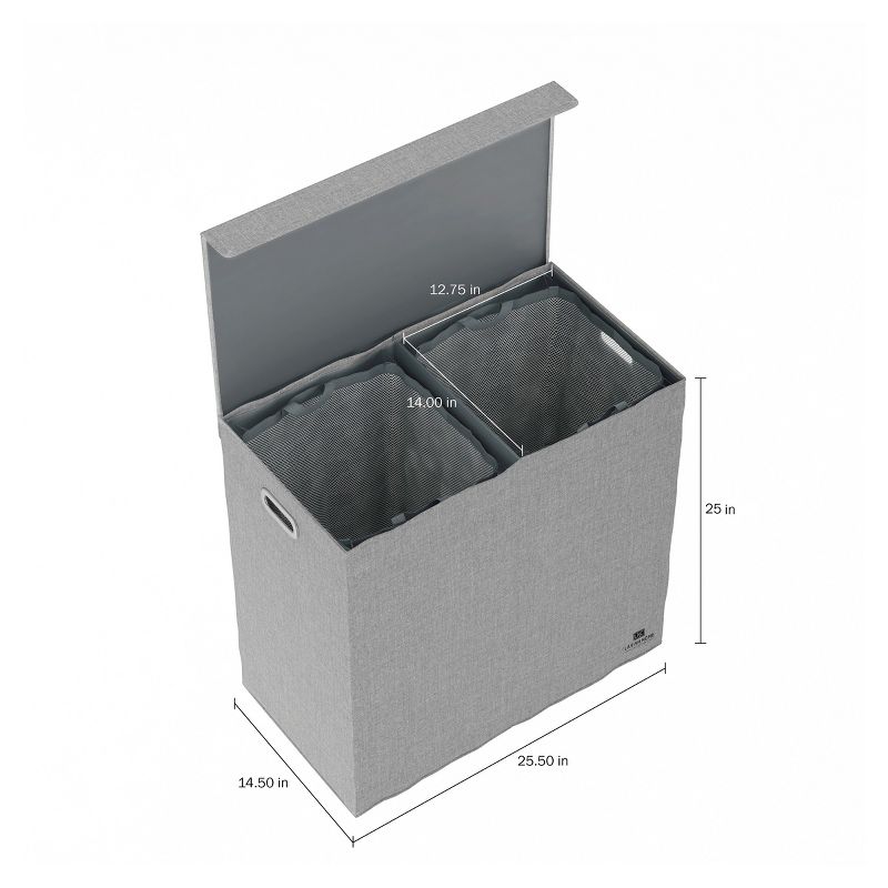 Hastings Home Collapsible Double Laundry Hamper / 2-Section Clothing Sorter With Removable Lid and Mesh Liner Bags - 25.5" x 14.5", Gray, 2 of 7