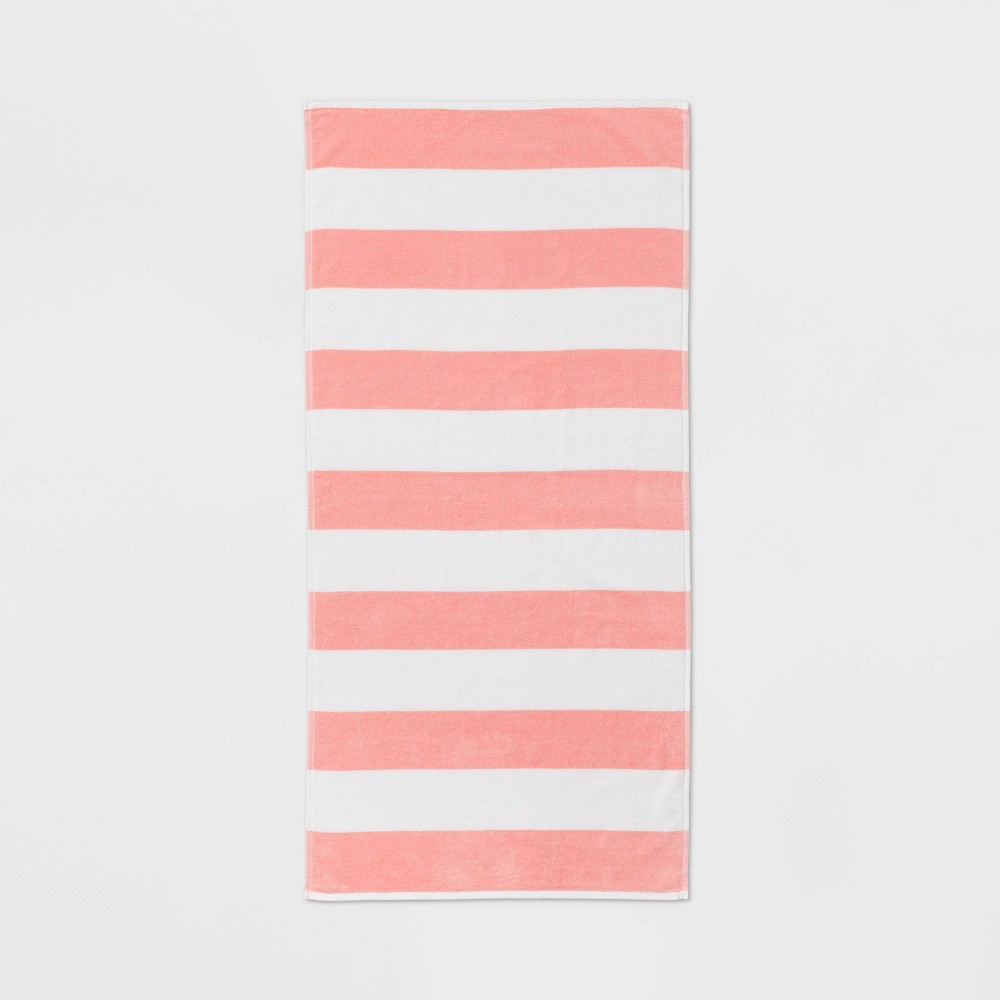 Photos - Towel Striped Beach  Peach/White - Sun Squad™