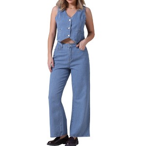 INSPIRE CHIC Women's Denim Button Down Sleeveless Vest and Wide-leg Pants Denim Set - 1 of 4