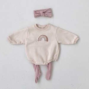 MyKIds-USA Baby 1pcs Rainbow Embroidery Pattern Solid Color Long Sleeves Soft Bodysuit - 1 of 4