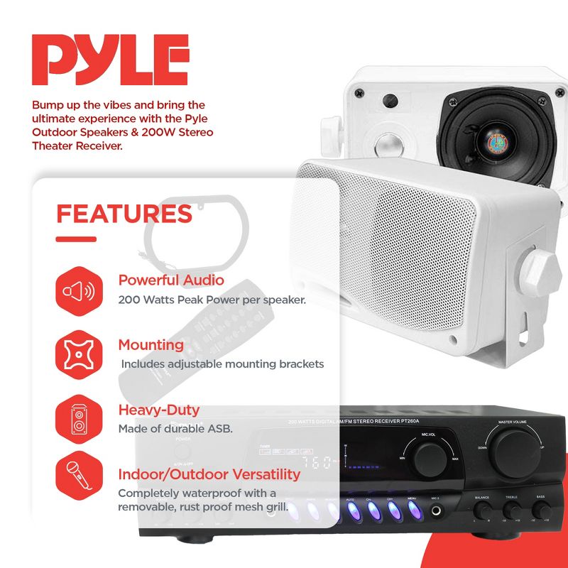 PYLE PLMR24 3.5" 200W Outdoor Speakers 4pk & PT260A 200W Stereo Theater Receiver, 3 of 7