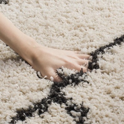 Cream and Charcoal Geometric Shag Area Rug with Fringe