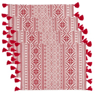 Red and White Cotton Christmas Pattern Placemats with Tassels, Set of 4