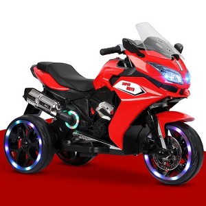 12V Racing Style Kids Ride-On Motorcycle Toy, 3-Wheel Electric Sport Bike with LED Wheel Lights, Music, Headlights & Training Wheels for Kids 3-6 - 1 of 4