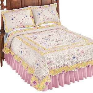 Collections Etc Felicity Multicolored Floral Diamond Ivory Quilt with Scalloped Edges and Navy Border - Microfiber Bedding - 1 of 3