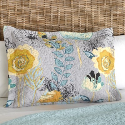 Lakeside Floral Watercolor Gray Quilted Pillow Sham with Vermicelli Stitch