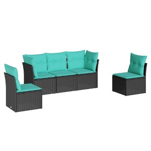 vidaXL Patio Sofa Set with Cushions - 5 Piece Black Poly Rattan Outdoor Furniture - Garden Deck Terrace - 1 of 4