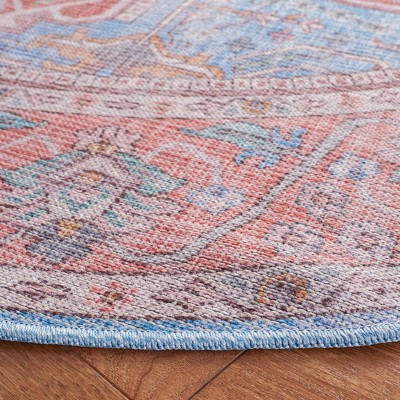 Serapi Blue and Rust Round Washable Viscose Chenille Area Rug