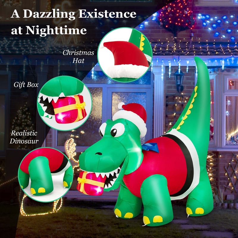 Costway 6FT Inflatable Christmas Dinosaur with LED Lights Gift Box & Blower Party Yard, 5 of 11