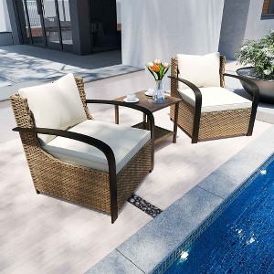 YARDSIGHT 3-Piece Indoor/Outdoor Patio Conversation Set with 2 Armchairs and 1 Wicker Side Table, Wood-Look Metal Tabletop and Olefin Cushions - 1 of 4