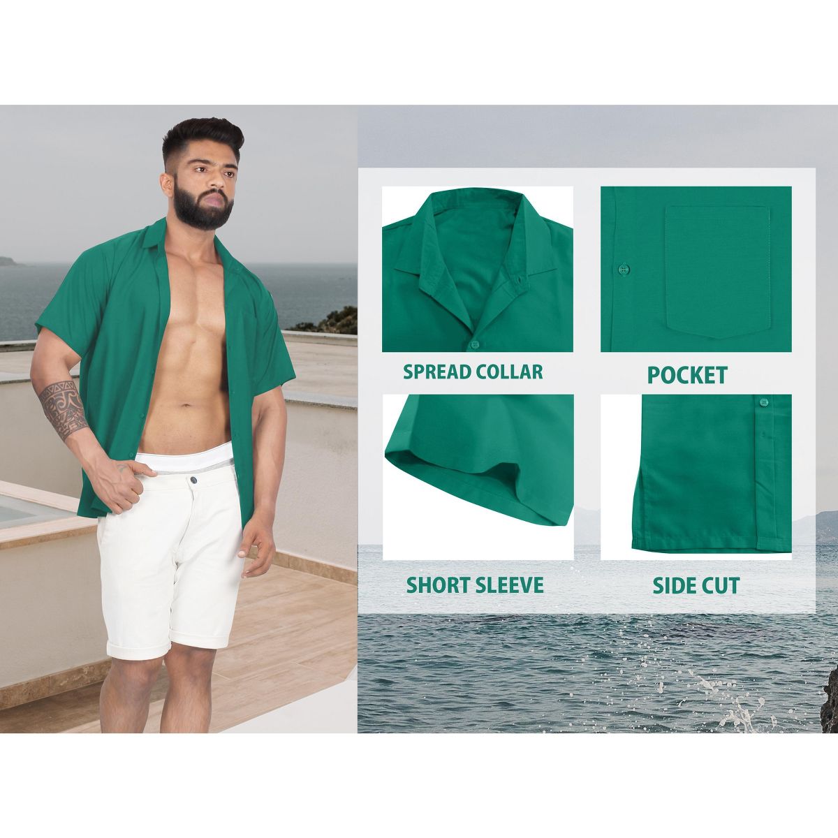 HAPPY BAY Mens Short Sleeve Button Down Summer Solid Shirts Casual Camp Shirt for Men Beach Vacation Business Work Shirt with Pocket 7XL Green Solid - thumbnail 6
