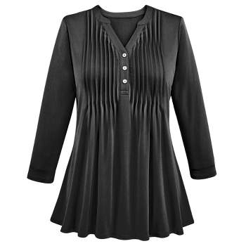 Collections Etc 3-Button Up V-Neck Knit Long Sleeve Pintuck Tunic Top Medium Black