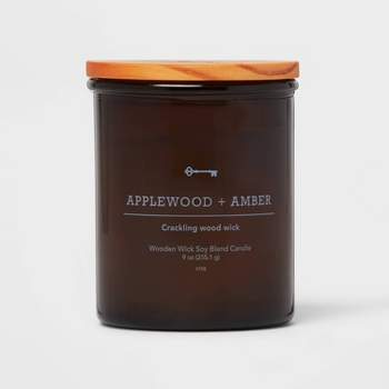 Amber Glass Applewood and Amber Lidded Wooden Wick Jar Candle 9oz - Threshold™