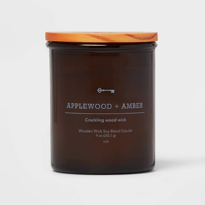 Amber Glass Applewood and Amber Lidded Wooden Wick Jar Candle 9oz - Threshold&#8482;, 1 of 4