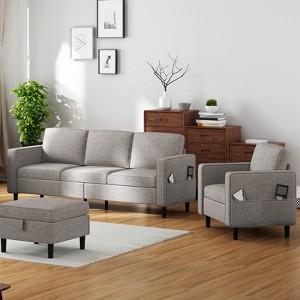 Mjkone Convertible Linen 3-Seater Sofa with Storage Ottoman&Single Sofa Chair with Side Pocket - 1 of 4