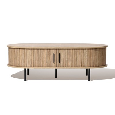 LuxenHome Oval Coffee Table with Storage, 47" Mid Century Modern Fluted Storage Center Table with Sliding Door for Home, Living Room,Office Brown
