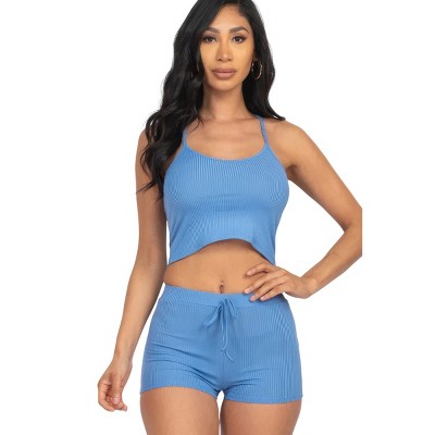 Slickblue Women's Ribbed Crop Cami Top & Shorts Set, Stretchy Lounge Outfit, Cloud/Orange, Size S-L