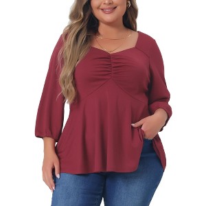 Agnes Orinda Women's Plus Size Front Ruched Sweetheart Neck Elbow Sleeve Peplum Blouses - 1 of 4