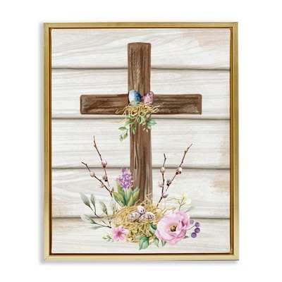 Stupell Industries Spiritual Easter Cross Spring Blossoms Black Framed Floater Canvas Wall Art