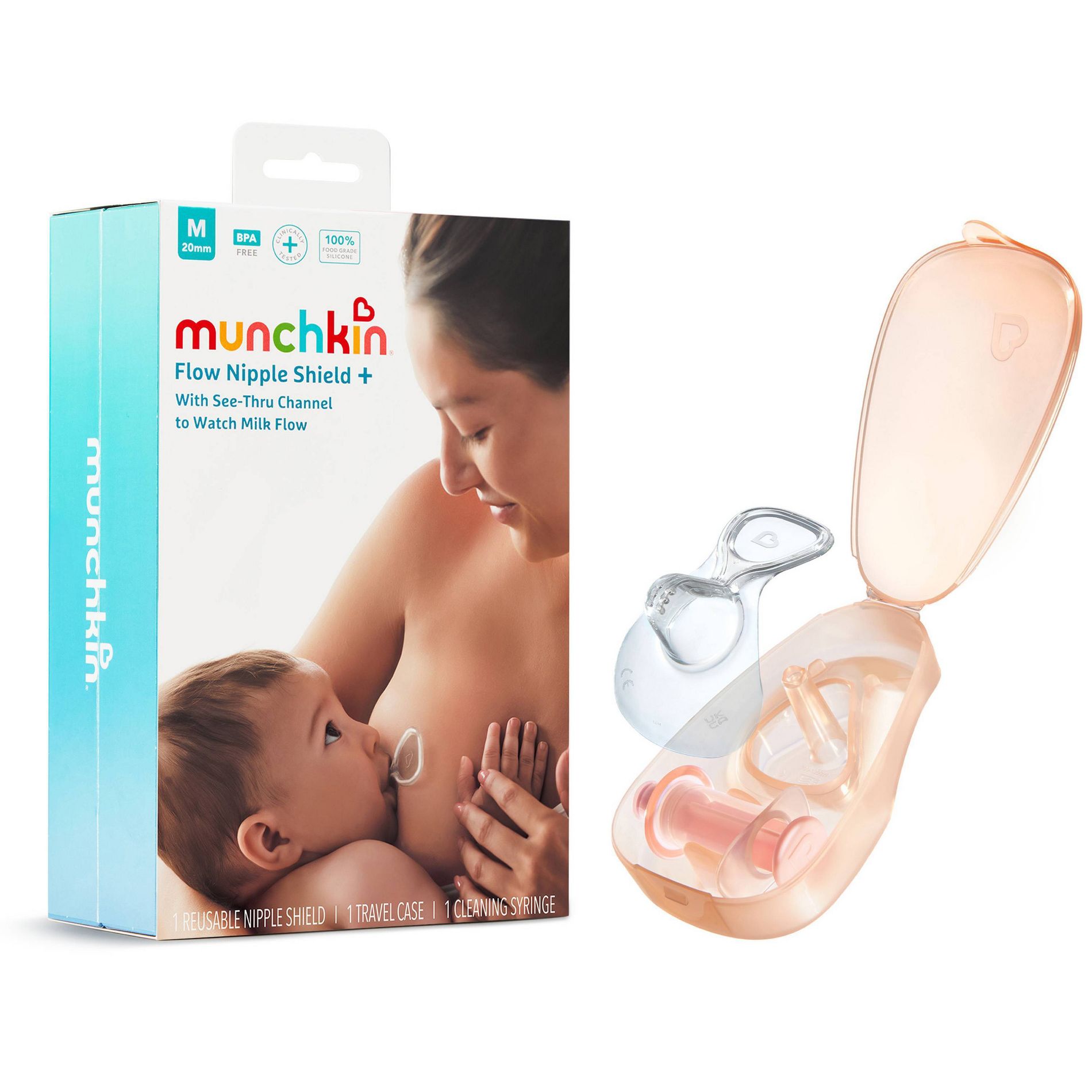 Munchkin Flow Breastmilk and Latch Monitor, Nipple Shield for Newborn with See-through Channel to Check Milk Flow