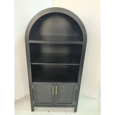 MDF Arched PVC Rattan Double Door Bookcase - Cool White Embossed & Wood Rattan Finish