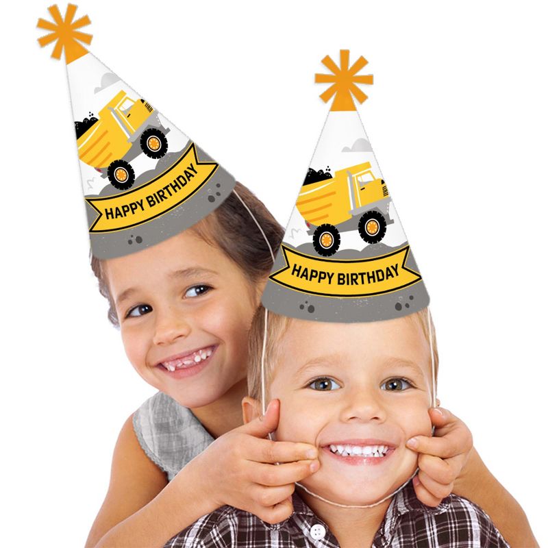 Big Dot of Happiness Dig It - Construction Party Zone - Cone Happy Birthday Party Hats for Kids and Adults - Set of 8 (Standard Size), 2 of 8