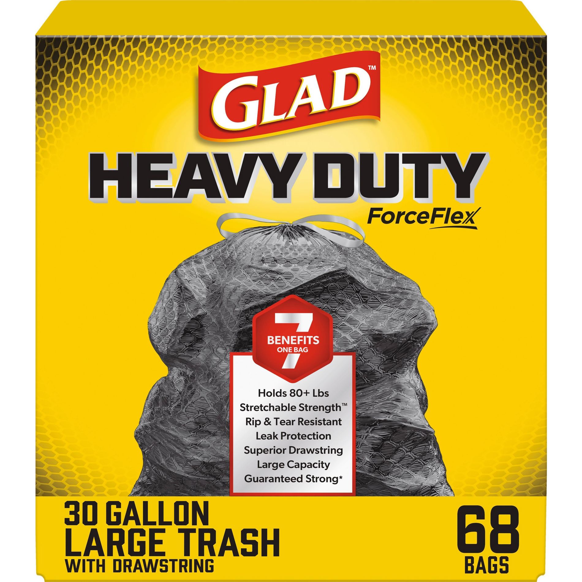 Glad ForceFlex + Large Drawstring Black Trash Bags - 30gal/68ct