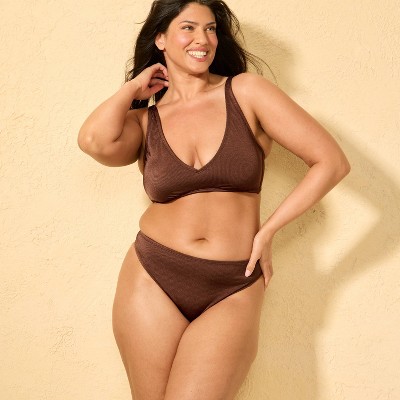 Shade & Shore Women's Shiny Ribbed Mid-Rise High Leg Medium Coverage Bikini Bottom - Shade & Shore™ Brown M — фото 4