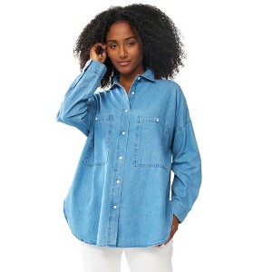 ellos Oversized Button-Front Denim Shirt - 1 of 4