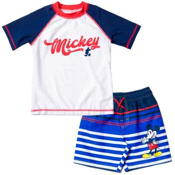 Disney Mickey Mouse Surfboard UPF 50+ Rash Guard Shirt & Swim Trunks Outfit Set Little Kid to Big Kid