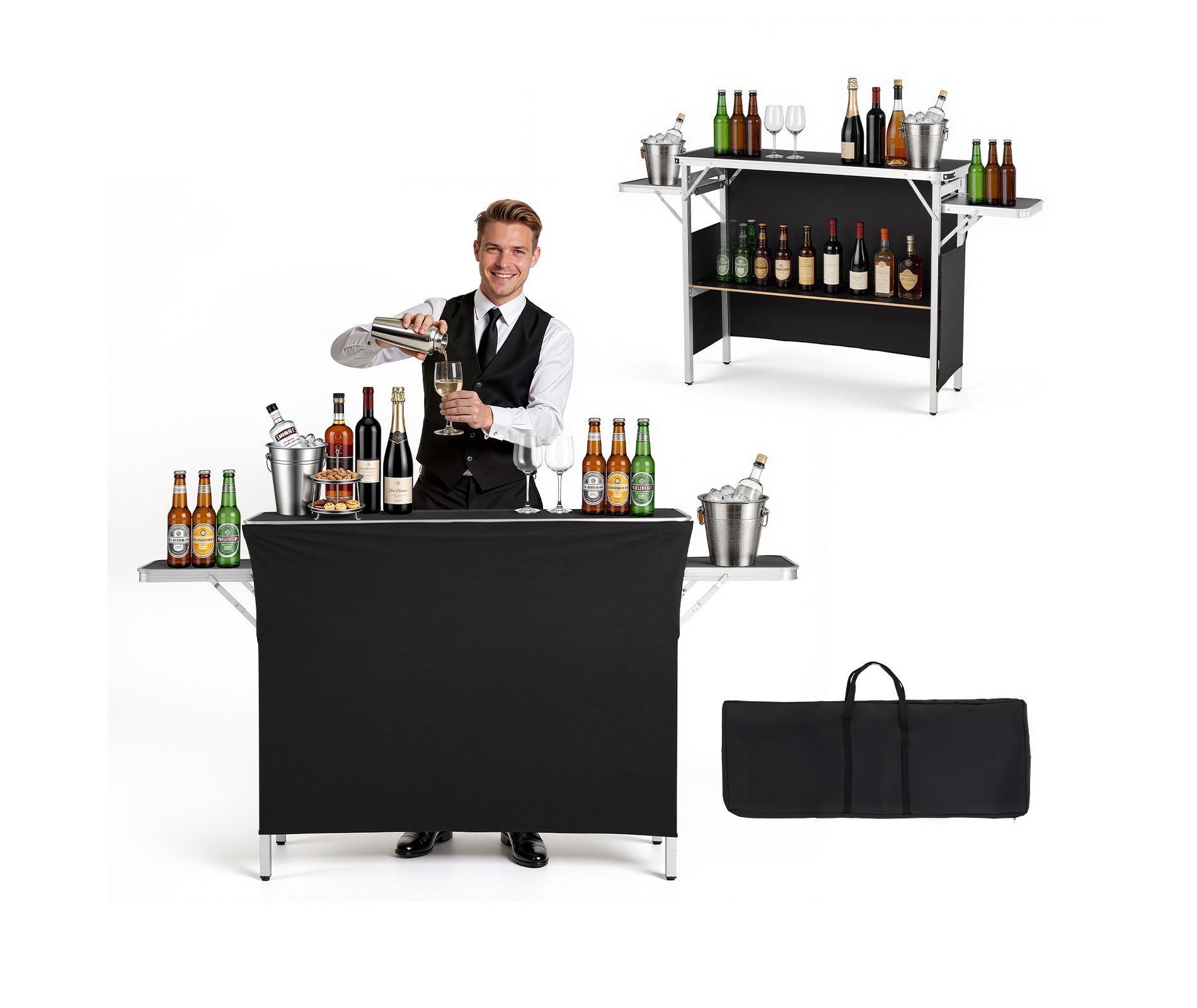 VEVOR Folding Portable Bar Table, 43.3 x 15.4 x 34.6 in, with Carry Bag, Storage Shelf, and Detachable Skirt, Quick and Easy Setup, Foldable, Black