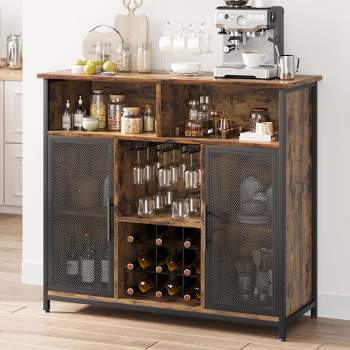 Whizmax Wine Bar Cabinet, Industrial Liquor Storage Cabinet with Wine Rack and Glass Hanger, Wood Wine Cabinet for Kitchen Dining Room, Rustic Brown