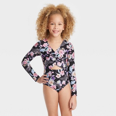 Girls' Floral Printed Tropical Daydream Swimsuit - Art Class™ Black : Target