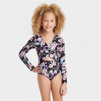 Girls' Floral Printed Tropical Daydream Swimsuit - art class™ Black