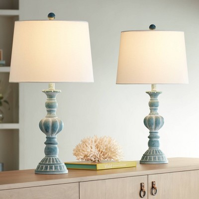 Blue Washed Polyresin Table Lamps with White Shades, Set of 2
