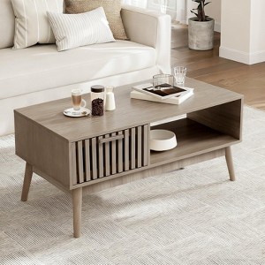 Mid Century Modern Coffee Table with Storage Drawer & Open Shelf – 2-Tier Fluted Rectangular Center Table – Wooden Legs - 1 of 4